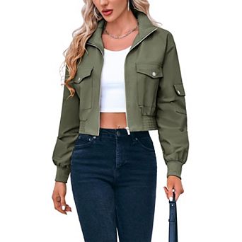 Women's Lightweight Cropped Bomber Jacket Long Sleeve Stand Collar Pockets Casual Coat