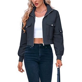 Women's Lightweight Cropped Bomber Jacket Long Sleeve Stand Collar Pockets Casual Coat