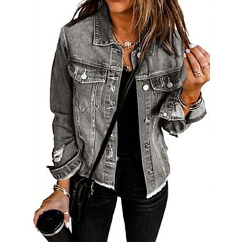 Womens Boyfriend Style Washed Crop Denim Jean Jacket With Pockets Ripped Hem