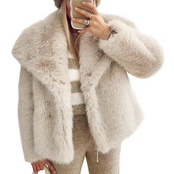 Womens Warm Faux Fur Lapel Collar Long Sleeve Fluffy Winter Coat