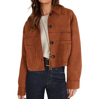 Women Faux Suede Cropped Shacket Lightweight Casual Layering Outerwear