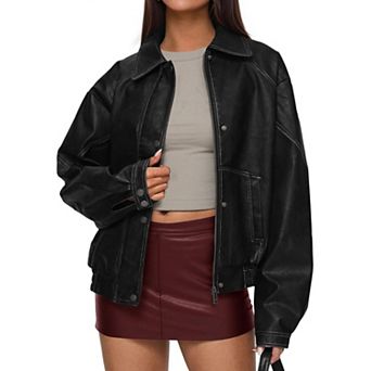 Women Faux Leather Oversized Bomber Jacket Warm Zip Up Outerwear