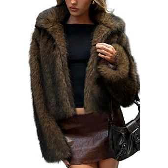 Women's Faux Fur Jacket Lapel Collar Pockets Warm Winter Casual Coat