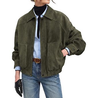Women's Faux Suede Jacket Oversized Bomber Casual Zip Front Coat