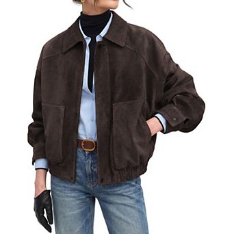 Women's Faux Suede Jacket Oversized Bomber Casual Zip Front Coat