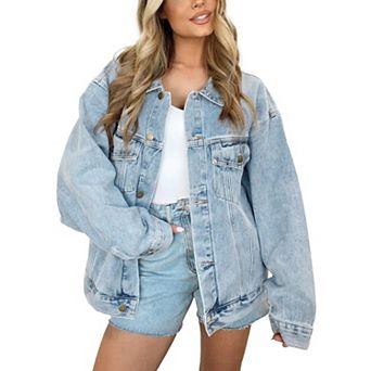 Women Oversized Denim Trucker Shacket Drop Shoulder Pockets Fall Coat
