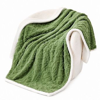 Reversible Sherpa Fleece Throw Blanket Jacquard Tufted Cable Pattern Soft Warm Cozy Versatile