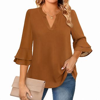 Womens Dressy Casual Chiffon 3/4 Sleeve Business Work Tunic Blouse