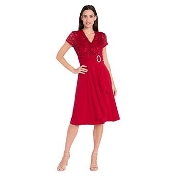 Women's R&M Richards Sequin Lace Buckled Midi Dress