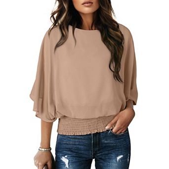 Womens Dressy Casual Boat Neck Flowy Chiffon Batwing Tops With Smocked Waist