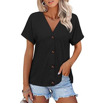 Women's Short Sleeve Button Down V Neck Tops Soft Stretch Casual Work Shirts