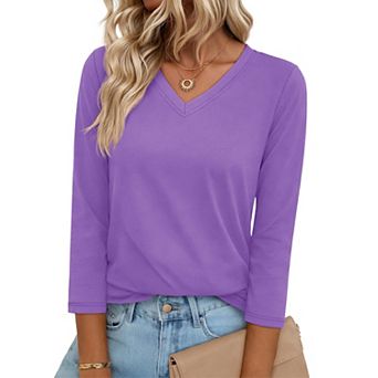 Womens 3/4 Sleeve V Neck Casual Loose Fit Soft Stretch Tops