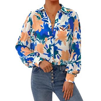 Womens Chiffon Boho Long Sleeve Button Down Tops Dressy Casual Workwear