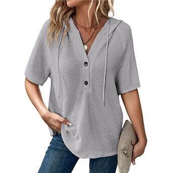 Womens Summer Waffle Knit Short Sleeve V Neck Oversized Casual Tops
