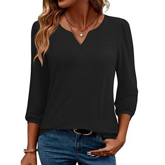 Womens 3/4 Sleeve Puff Sleeve Loose Fit V Neck Blouse Casual Dressy Tops