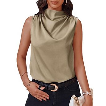 Womens Mock Neck Satin Tank Tops Ruched Business Casual Blouse