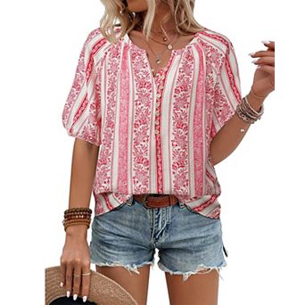 Womens Summer V Neck Short Sleeve Boho Blouses Casual Loose Fit Tops