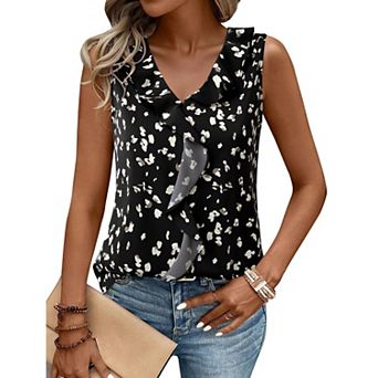Womens Sleeveless Ruffle V Neck Business Casual Work Blouse Tank Top