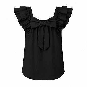 Womens Round Neck Ruffle Short Sleeve Bow Tie Chiffon Tunic Tops