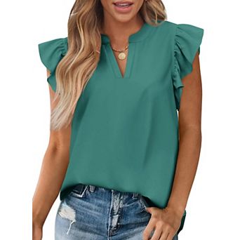 Womens Summer Casual V Neck Ruffle Cap Sleeve Loose Fit Tunic Blouse Tops