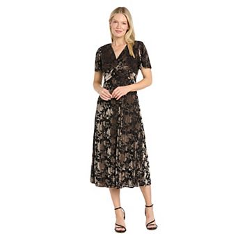 Women's Sophia Christina Burnout Velvet Floral Short Sleeve V-Neck Midi Dress