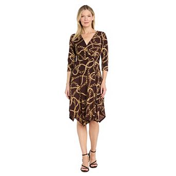 Women's Sophia Christina Chain Print Foil Jersey Faux Wrap V-Neck 3/4-Sleeve Dress