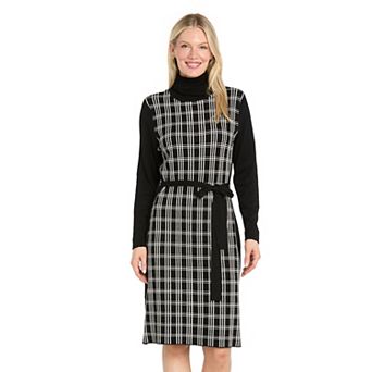 Women's Sophia Christina Turtleneck Sweater Knit Belted Plaid Midi Dress