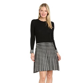 Women's Sophia Christina Houndstooth Fit & Flare Long Sleeve Sweater Dress