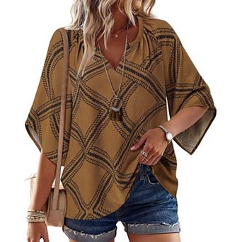 Womens 3/4 Bell Sleeve V Neck Boho Paisley Print Loose Fit Tunic Tops