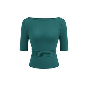 Womens Boat Neck Ribbed Knit Short Sleeve Slim Fit Ruched Waist Casual Top