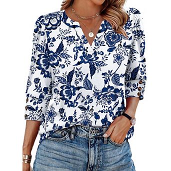 Womens Dressy Casual V Neck 3/4 Sleeve Blouses Business Casual Tops