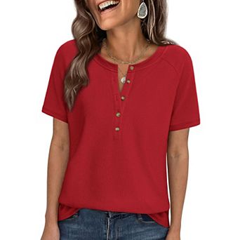 Womens Waffle Knit Henley Short Sleeve Top Loose Fit Casual Tee