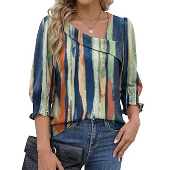 Womens 3/4 Length Sleeve Asymmetric Square Neck Smocked Cuffs Dressy Casual Blouses