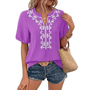 Womens Boho V Neck Short Sleeve Embroidered Loose Fit Vacation Tops