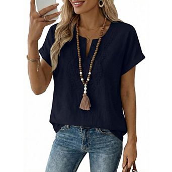 Womens Crochet Boho V Neck Short Sleeve Loose Fit Casual Blouses