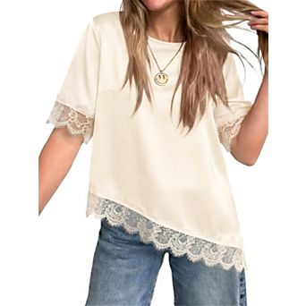 Womens Satin Silk Short Sleeve Lace Trim Asymmetrical Hem Blouse Loose Fit Summer Tops