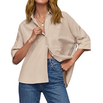 Womens Oversized Half Sleeve V Neck Collared Loose Fit Casual Business Blouses