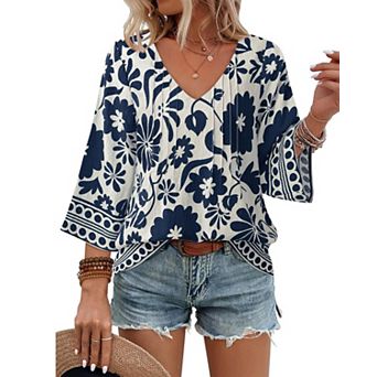Womens V Neck 3/4 Sleeve Boho Casual Loose Fit Tunic Tops