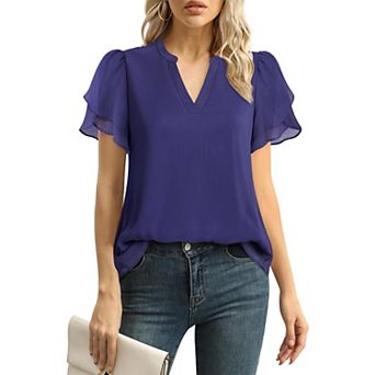 Womens Chiffon Blouses Summer Puff Sleeve V Neck Casual Work Tops