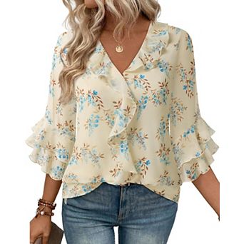 Womens 3/4 Sleeve V Neck Ruffle Lightweight Chiffon Work Blouse