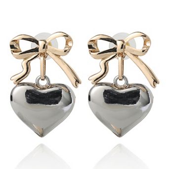 BCBGeneration Silver Heart Drop Earrings with Gold Bow Accent