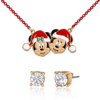 Mickey & Minnie Santa Necklace & Stud Earrings Set, Gold‑Tone