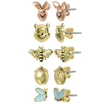 Winnie the Pooh Earrings Pack of 5 Official License, 18k Gold Flash Plate