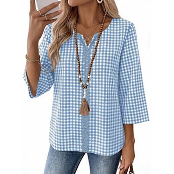 Womens Linen Cotton Blend Boho Lace Front Tunic Tops 3/4 Sleeve