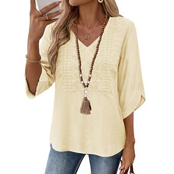Womens 3/4 Sleeve V Neck Embroidered Lace Casual Loose Blouses