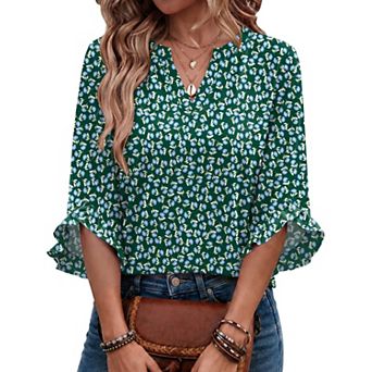 Womens 3/4 Ruffle Sleeve V Neck Tops Casual Work Business Shirts