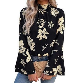 Womens Boho Bell Sleeve Mock Neck Pleated Tie Knot Casual Blouse