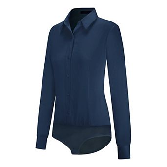 Womens Long Sleeve Button Front Bodysuit Blouse Casual Office Work Tops