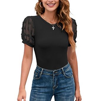Women's Swiss Dot Puff Sleeve Ribbed Knit Bodysuit Blouse