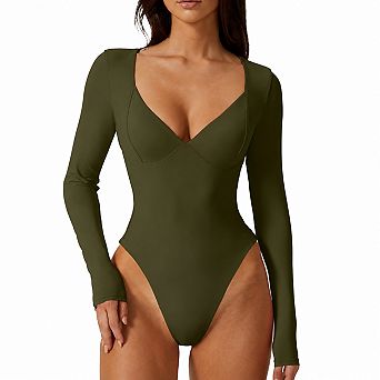 Womens Long Sleeve V Neck Seamed Cup Bodysuit Versatile Daily Wear Tops